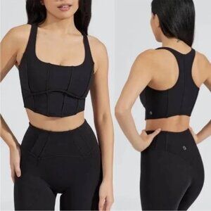 BUFFBUNNY Black Corset Crop Top Sports Bra with Racerback, Onyx Black, Sz Medium